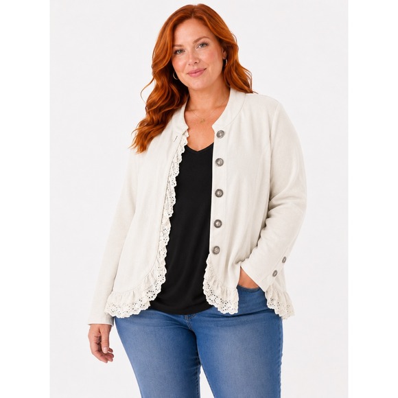 Xhilaration Jackets & Blazers - Xhilaration Cream Eyelet Lace Ruffle French Terry Button Front Jacket XXL Womens